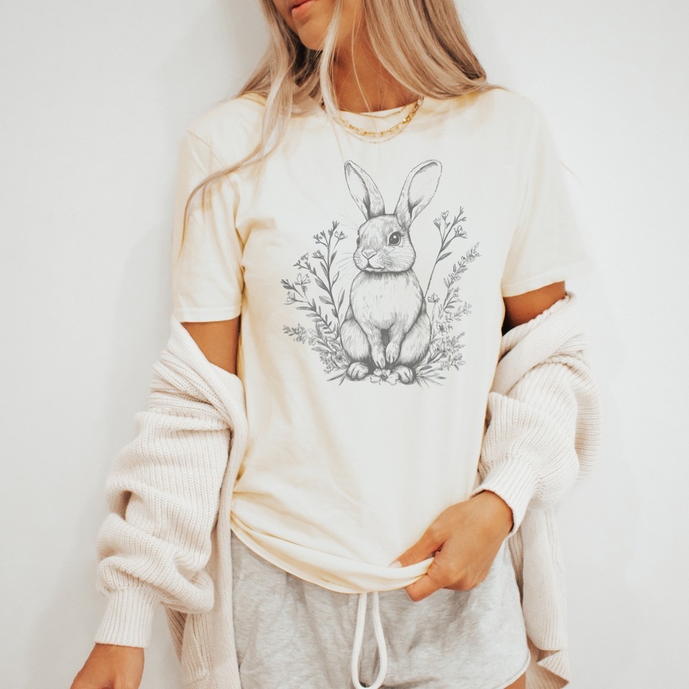 Boho Rabbit and Wildflowers Botanical Art Tee